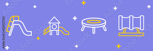 Set line Kid playground slide pipe, Jumping trampoline, Slide and icon. Vector