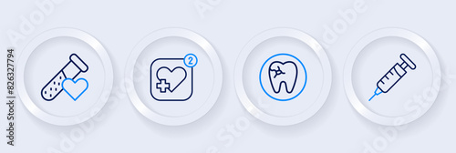 Set line Syringe, Tooth with caries, Mobile heart rate and Test tube blood icon. Vector