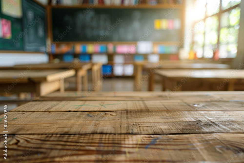 A wooden desk in the foreground with a blurred background of a classroom. The background features student desks, a chalkboard or whiteboard, educational posters on the walls, and shelves. A wooden desk in the foreground with a blurred background of a classroom. The background features student desks, a chalkboard or whiteboard, educational posters on the walls, and shelves.