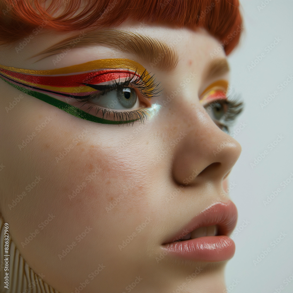 Fototapeta premium Close-up of woman with colorful artistic makeup and red hair