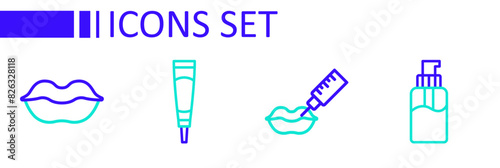 Set line Bottle of liquid soap, Lip augmentation, Cream or lotion cosmetic tube and Smiling lips icon. Vector