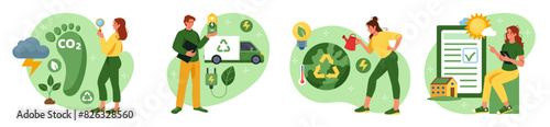 Carbon footprint. Energy economy. ESG icon. Ecology and nature climate save. Circular green future technology. Business environment. CO2 emission reduce. People on Earth. Vector tidy eco concepts set