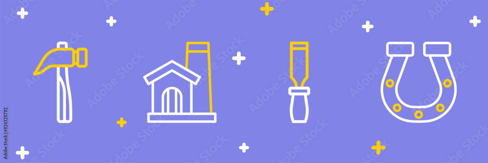Set line Horseshoe, Rasp metal file, Smithy workshop interior and Hammer icon. Vector Set line Horseshoe, Rasp metal file, Smithy workshop interior and Hammer icon. Vector