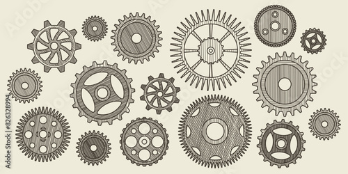 Vintage gear. Sketch style isolated elements, hand wheel, old factory machine cogwheel, drawn mechanism industry retro, gearwheel plant technology, education symbol. Vector mechanical work, icons set