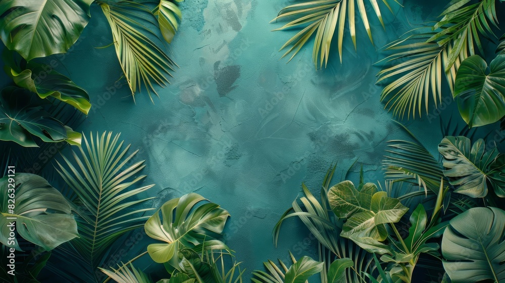 A lush tropical leaf background in shades of green.