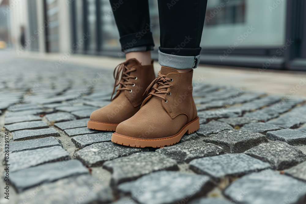 Stylish boots on cobblestone street Stylish boots on cobblestone street