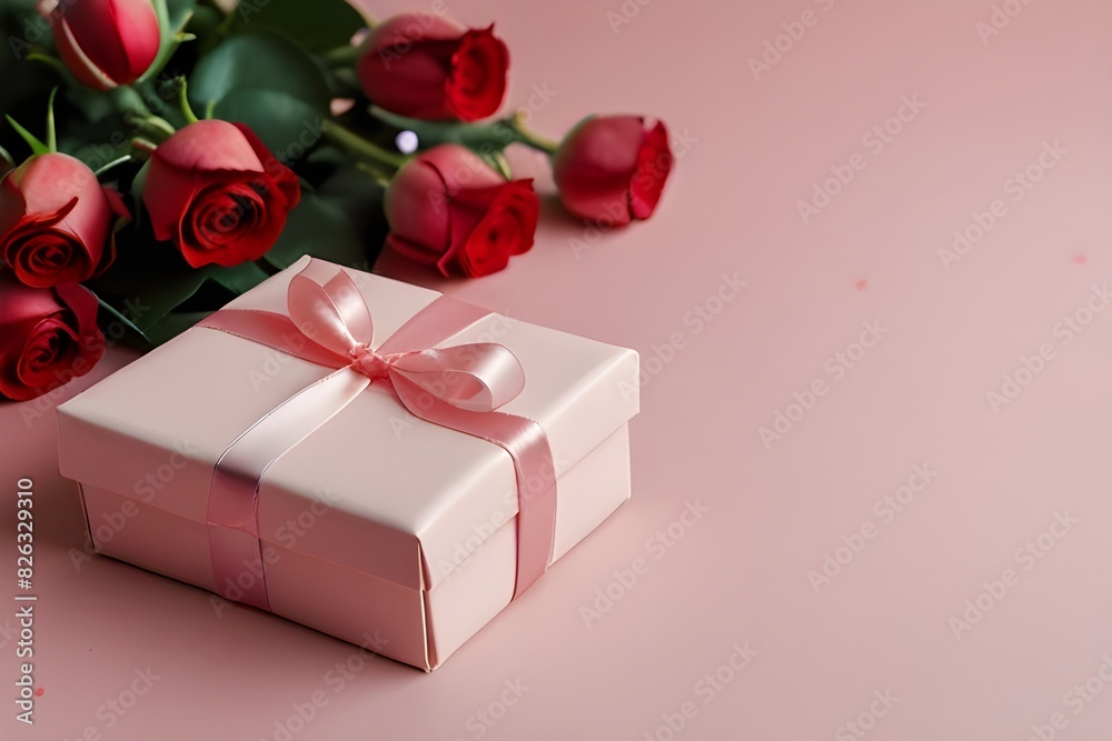A pink gift box with a white ribbon surrounded by red roses and scattered heart shapes on a pink background A pink gift box with a white ribbon surrounded by red roses and scattered heart shapes on a pink background