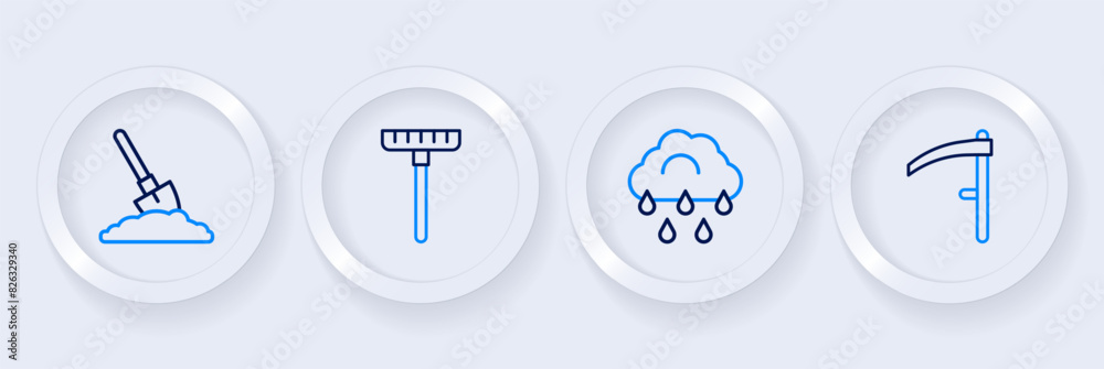 Set line Scythe, Cloud with rain, Garden rake and Shovel ground icon. Vector Set line Scythe, Cloud with rain, Garden rake and Shovel ground icon. Vector