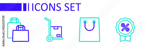 Set line Discount percent tag, Paper shopping bag, Hand truck and boxes and icon. Vector