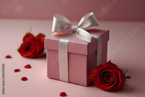 A pink gift box with a white ribbon surrounded by red roses and scattered heart shapes on a pink background
