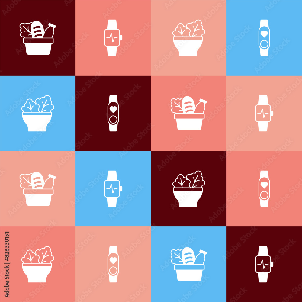 Set pop art Shopping bag and food, Smart watch with heart, Salad bowl and icon. Vector Set pop art Shopping bag and food, Smart watch with heart, Salad bowl and icon. Vector