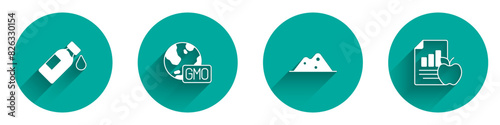 Set Bottle of water, GMO, Salt and Diet plan icon with long shadow. Vector
