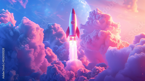 Futuristic illustration of a rocket ascending into space amidst billowing smoke, embodying the pioneering spirit and boundless potential of a forward-thinking startup business. photo