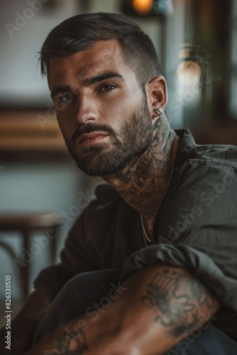 Portrait of a man with tattoos on his arms and chest. Suitable for lifestyle or fashion themes