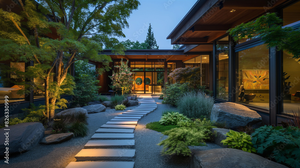 Fototapeta premium Modern house with Japanese garden, evening lighting