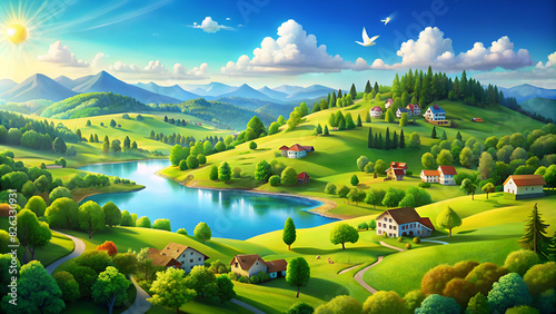 green hilly landscape dazzling blue sky photo