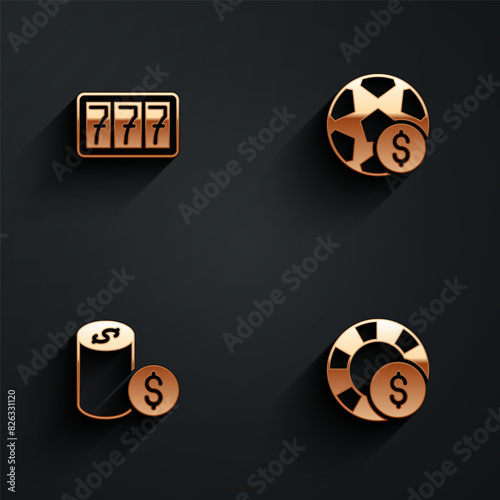 Set Slot machine with jackpot, Football betting money, Casino chip dollar and chips icon with long shadow. Vector