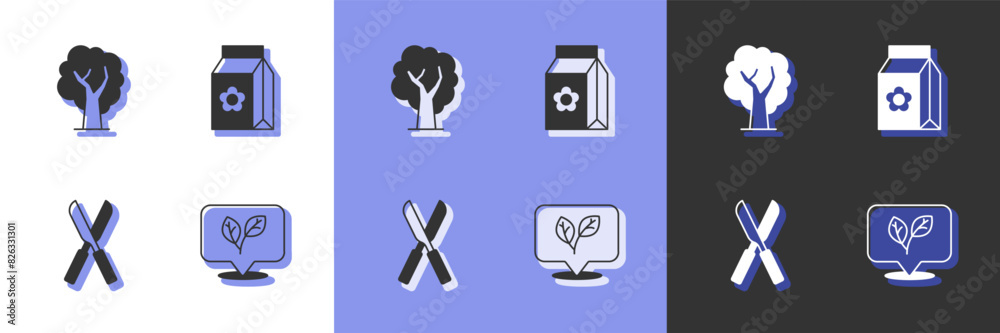 Set Leaf, Tree, Gardening scissors and Pack full of seeds icon. Vector