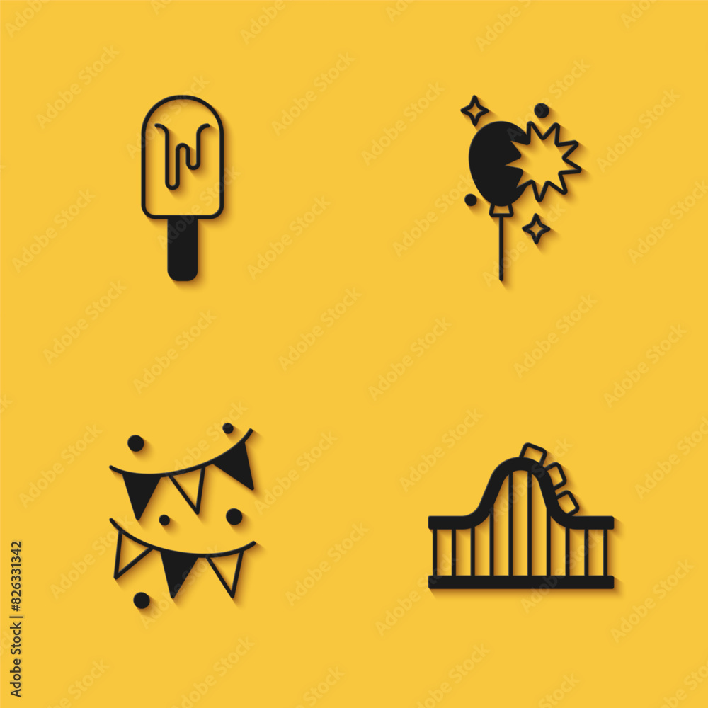 Set Ice cream, Roller coaster, Carnival garland with flags and Balloons ribbon icon with long shadow. Vector