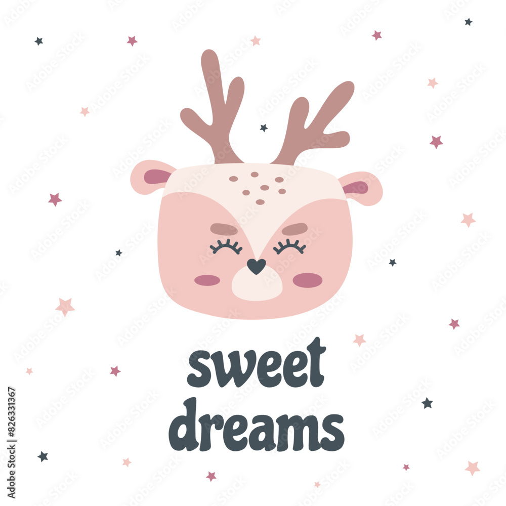 Cute greeting card with woodland animal deer. Handwritten sweet dreams. Hand drawn funny kids character for nursery, children's clothes and T-shirts, wallpaper, packaging Cute greeting card with woodland animal deer. Handwritten sweet dreams. Hand drawn funny kids character for nursery, children's clothes and T-shirts, wallpaper, packaging