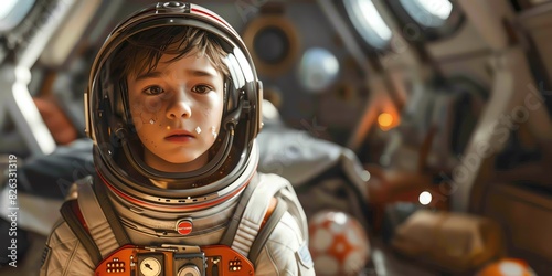 Portrait of a young boy in an astronaut suit inside a spaceship, capturing the essence of childhood dreams and space exploration. photo