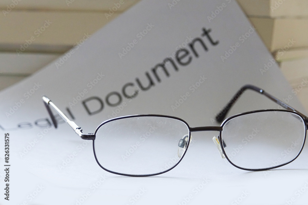 Close-up of eyeglasses resting on top of a legal document Close-up of eyeglasses resting on top of a legal document