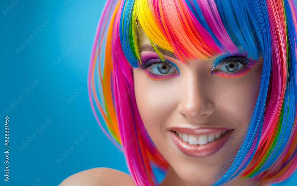 Fototapeta premium Smiling woman with rainbow hair, vibrant makeup