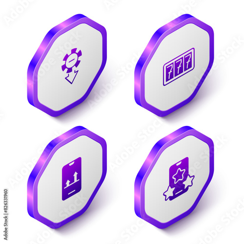 Set Isometric Casino chips, Slot machine with jackpot, Online sports betting and icon. Purple hexagon button. Vector