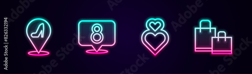 Set line Woman shoe, 8 March, Heart and Paper shopping bag. Glowing neon icon. Vector