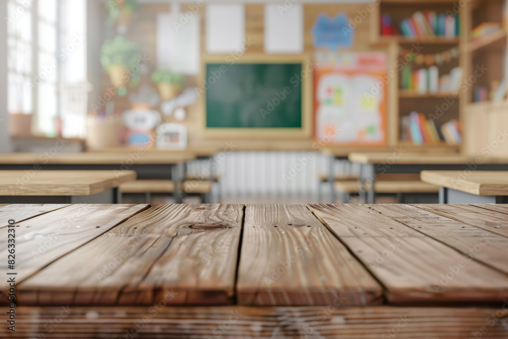 A wooden desk in the foreground with a blurred background of a classroom. The background features student desks, a chalkboard or whiteboard, educational posters on the walls, and shelves. A wooden desk in the foreground with a blurred background of a classroom. The background features student desks, a chalkboard or whiteboard, educational posters on the walls, and shelves.