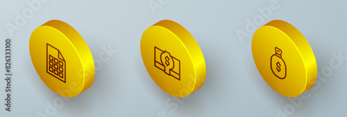 Set Isometric line Lottery ticket, Stacks paper money cash and Money bag icon. Vector