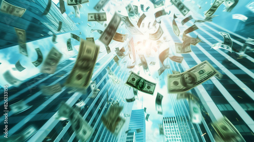 money falling from great building from big companies against sky 