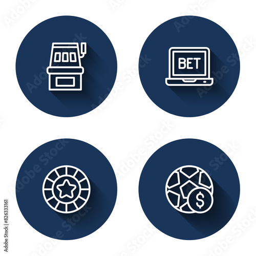 Set line Slot machine, Online sports betting, Casino chips and Football money with long shadow. Blue circle button. Vector