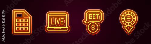 Set line Lottery ticket, Online poker table game, Casino chip with dollar and chips. Glowing neon icon. Vector