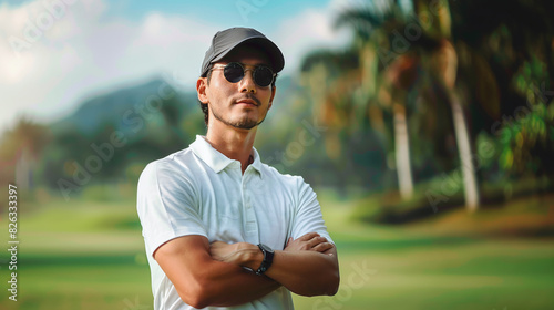 portrait of young handsome male golf player in a golf course, high society lifestyle, expensive and exclusive sports