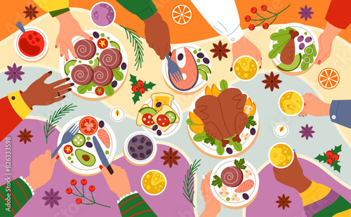 Party table. Family dinner. Lunch meal. Friends meeting. People talking and eating holiday food together. Drink cups. Chicken and snacks on plates top view. Bright tablecloth. Vector tidy illustration