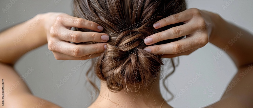 Naklejka premium Woman styling her hair in a bun, showcasing a simple and elegant hairstyle suitable for various occasions.