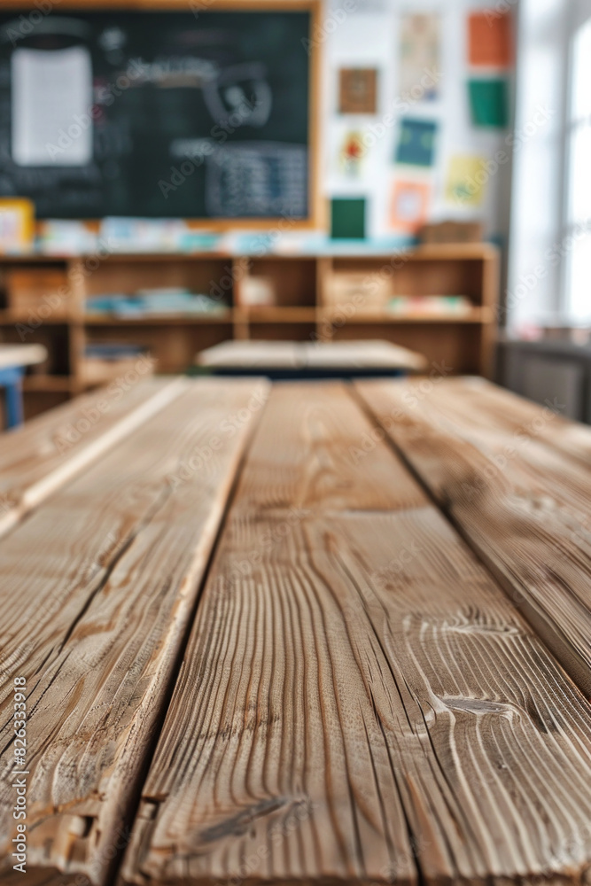 A wooden desk in the foreground with a blurred background of a classroom. The background features student desks, a chalkboard or whiteboard, educational posters on the walls, and shelves. A wooden desk in the foreground with a blurred background of a classroom. The background features student desks, a chalkboard or whiteboard, educational posters on the walls, and shelves.