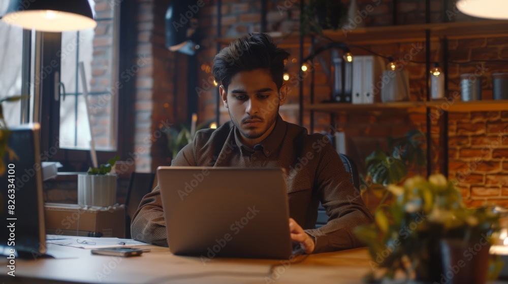 A handsome Indian professional sits at his desk working on his laptop computer while a young professional gives advice about project details. An office with young professionals is shown from a Dutch A handsome Indian professional sits at his desk working on his laptop computer while a young professional gives advice about project details. An office with young professionals is shown from a Dutch