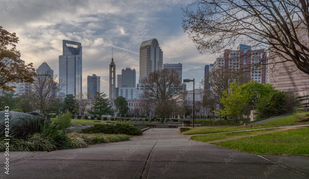 Beautiful view of the cityscape of Charlotte, North Carolina from a park Beautiful view of the cityscape of Charlotte, North Carolina from a park