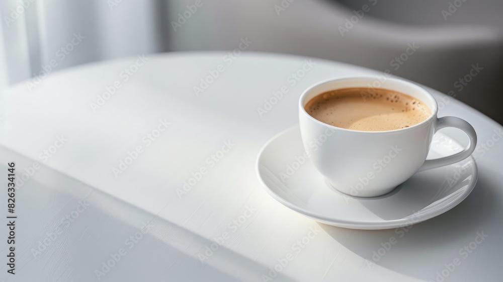 A fresh cup of coffee on a pristine white tabletop, evoking morning serenity.