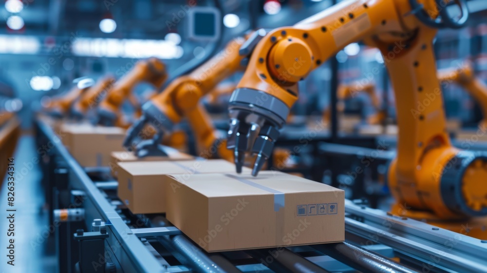 Industrie 4.0 Modern Factory: Fully Automated Warehouse Robotics: Robot arm packing metal components into cardboard boxes. Production line machines pick and pack product into packaging. Industrie 4.0 Modern Factory: Fully Automated Warehouse Robotics: Robot arm packing metal components into cardboard boxes. Production line machines pick and pack product into packaging.