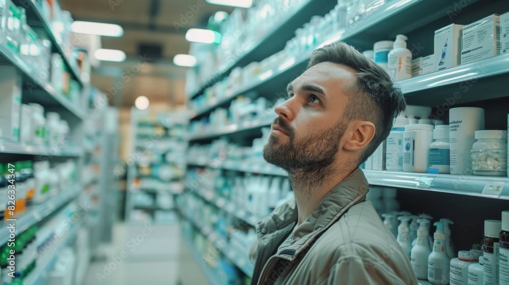 Portrait of handsome Latin man looking through the shelf of a pharmacy, successfully finding what he needs. Modern Pharma Store Health Care Products. Portrait of handsome Latin man looking through the shelf of a pharmacy, successfully finding what he needs. Modern Pharma Store Health Care Products.