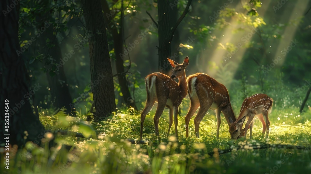 Fototapeta premium A family of deer grazing peacefully in a sun-dappled clearing of the forest.