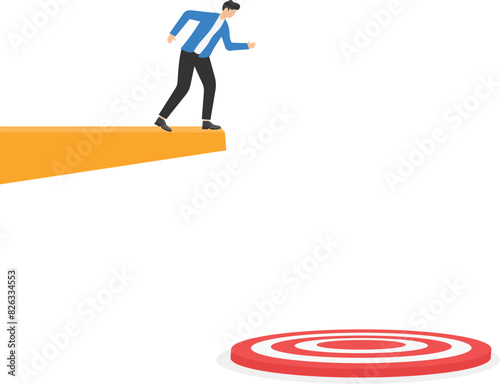 Anxious businessman at the edge of diving platform looking down to reach the target point

