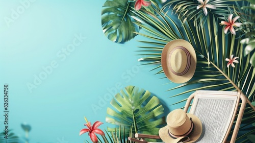 summer background with palm trees, straw hats, and colorful flowers against a blue sky
