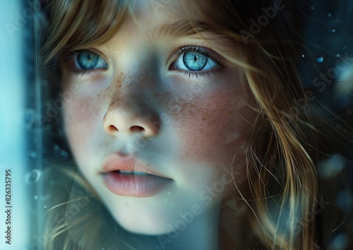 Close up on a beautiful blue eyes of a young girl