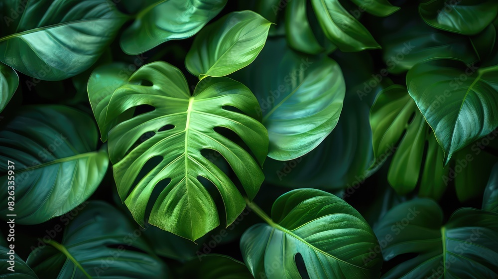 Fototapeta premium Lush Tropical Foliage: A Vibrant Display of Natural Green Leaves - A Raster Background for Nature Enthusiasts