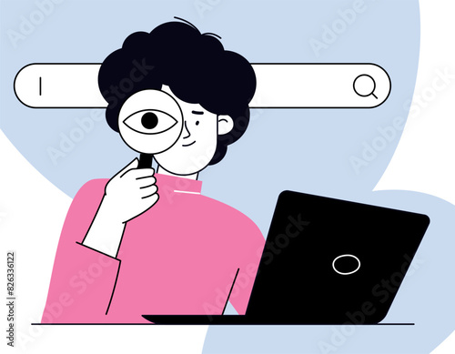 Curious woman looking through magnifier glass.