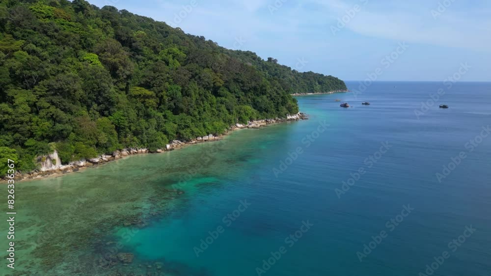 tropical island, pristine secluded beach. Smooth aerial view flight drone tropical island, pristine secluded beach. Smooth aerial view flight drone